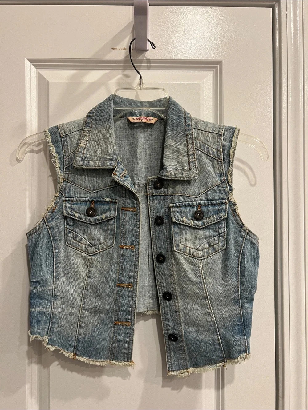 Junior’s Light Wash Cropped Denim Vest - Picture 1 of 5